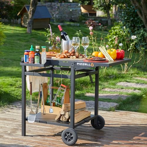 Pizzello Outdoor Grillwagen Doppelregal Pizzaofen Trolley Bewegliche Kücheninsel Faltbare Arbeitsplatte Outdoor Arbeitstisch Barwagen mit 2 Rädern von PIZZELLO