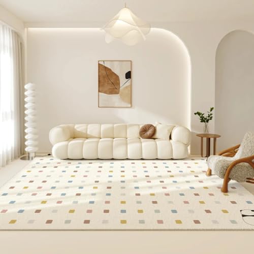 PIZZZENO Karierter Wohnzimmer-Dekorationsteppich, cremefarbener Stil, Teppiche für Schlafzimmer, Flauschige, weiche Plüsch-Bodenmatte, minimalistisch, dick, Lounge (80 x 120 cm/D) von PIZZZENO