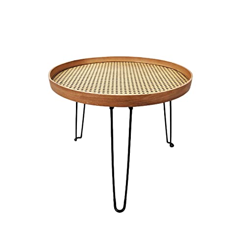 [PJ Collection] Round Wood and Rattan Side Table, Foldable Table with Metal Tripod, Rattan Round Tray Top, Boho Style, Chic Coffee Table, Foldable Table (Height 17.7", Loose Knit Pattern) von PJCOLL