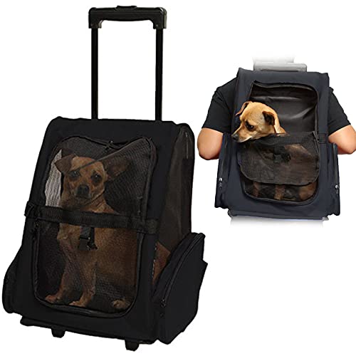 Hundetrolley Transporttasche Tragetasche Haustier Reiserucksack,Tragbare Trolley Für Tiere,2 in 1 Katze Und Hund Transporttrolley,Mit Schulterriemen Und Zugstange,Schwarz,M von PJDDP