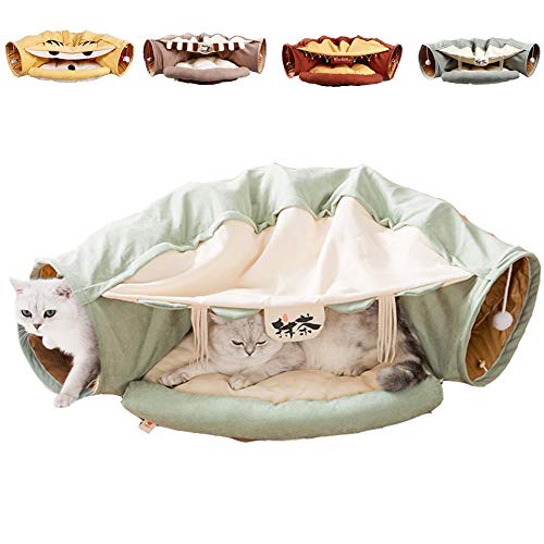 Katze Tunnel Spielzeug Und Bett 2 in 1, Zusammenklappbar Abnehmbarer Warm Plüsch Bett Mit Kratzern Ball, 2-Wege-Rohrspielzeug-Spielzentrum Für Katzen Im Innenbereich Kaninchen-Welpen-Kätzchen,Grün von PJDDP