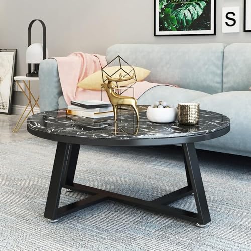 Marmor-Couchtisch, rund, moderner Wohnzimmer-Sofa-Tisch, Marmor-Textur, runder Mitteltisch mit Metallgestell und verstellbaren Fußpolstern (Größe: 70 cm, Farbe: schwarzer Rahmen + Schwarz) von PJGFBYT