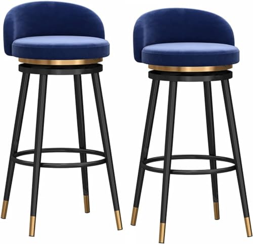 PJGFBYT Barhocker, drehbar, 2er-Set, mit Rückenlehne, Thekenhöhe, 360° drehbar, samtgepolsterter Sitz, goldfarbene Metallbeine, Größe: 75 cm, Farbe: Blau von PJGFBYT