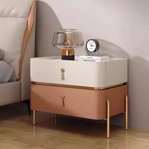 PJGFBYT Moderner Nachttisch aus Leder mit 2 Schubladen, cremefarben mit Metallgriff, Holzmöbel, Schlafzimmer, Zuhause (Größe: 50 x 40 x 50 cm, Farbe: Beige + Orange) von PJGFBYT
