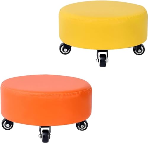 PJGFBYT Niedriger Hocker, 2er-Set, bequeme Rollhocker mit Rollen, für Zuhause, Schlafzimmer, kurzer Stuhl zum Sitzen, niedliche, runde kleine Hocker, extra dickes Kissen (Farbe: Gelb + Orange) von PJGFBYT