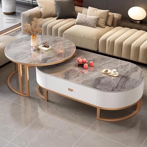 PJGFBYT Ovaler Couchtisch-Set aus Stein für Wohnzimmer, moderner Stahlrahmen, 2-teiliges Set, Größe: 70 x 45 + 100 x 50 x 38 cm, Farbe: A) von PJGFBYT