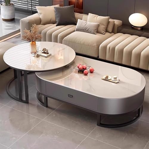 PJGFBYT Ovaler Couchtisch-Set aus Stein für Wohnzimmer, moderner Stahlrahmen, 2-teiliges Set, Größe: 70 x 45 + 100 x 50 x 38 cm, Farbe: B) von PJGFBYT