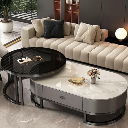 PJGFBYT Ovaler Couchtisch-Set aus Stein für Wohnzimmer, moderner Stahlrahmen, 2-teiliges Set, Größe: 70 x 45 + 100 x 50 x 38 cm, Farbe: C) von PJGFBYT