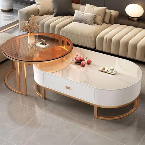 PJGFBYT Ovaler Couchtisch-Set aus Stein für Wohnzimmer, moderner Stahlrahmen, 2-teiliges Set, Größe: 70 x 45 + 100 x 50 x 38 cm, Farbe: F) von PJGFBYT