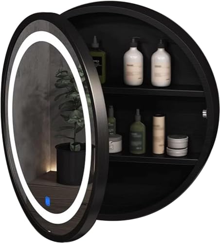 PJGFBYT Runder Spiegelschrank mit Licht, Badezimmer-Spiegelschrank, schwarzer Badezimmerschrank mit Spiegel, Wandmontage, Kosmetikspiegel mit Ablagefach (Größe: 50 cm) von PJGFBYT