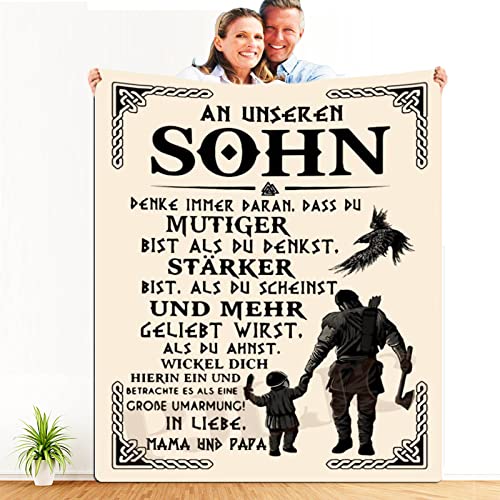 PJLJC Flanelldecke An unseren Sohn von Eltern, Deutsche Papa und Mama für Sohn Briefdecke Positiv Ermutigen Flauschige Wohndecke Geburtstag Weihnachts Geschenk von PJLJC