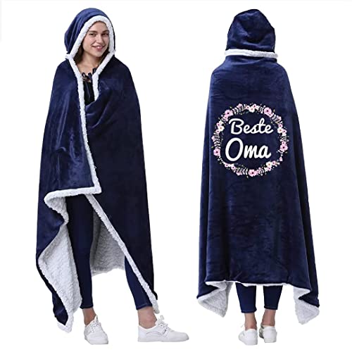 Tragbare Decke für Oma, Flauschige Hoodie Decke für Oma, Personalisiertes Kapuzendecke Sherpa Cosy Plüsch Fleece Tragbare Decke für Weihnachten Geburtstag Geschenk Navy Blue von PJLJC