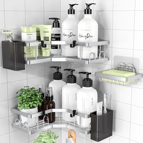 PKBD Duschablage Ohne Bohren-3 Stück,badregal mit Seifenhalter Haken Zahnpastahalter,bathroom Organizer,Dusche Halterung für Badezimmer, Shampoo Halterung für Dusche, Küche,Silber von PKBD