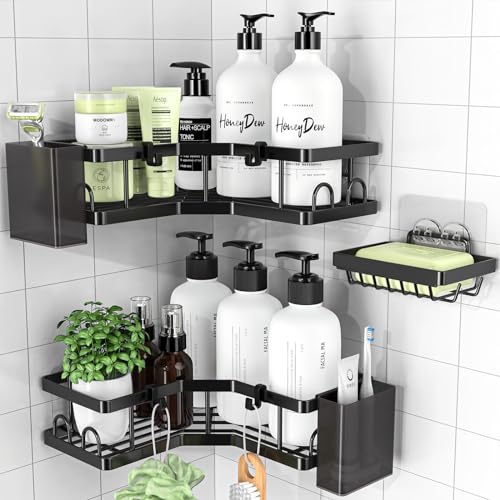 PKBD Duschablage Ohne Bohren-3 Stück,badregal mit Seifenhalter Haken Zahnpastahalter,Bathroom Organizer,Dusche Halterung für Badezimmer, Shampoo Halterung für Dusche, Küche, Schwarz von PKBD