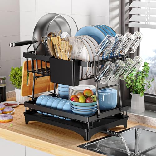PKBD Großes Abtropfgestell mit 2 Etagen und Abtropfschale, abnehmbares Abtropfgestell mit schwenkbarem Ablaufauslauf, Schneidebretthalter, Getränkehalter, Organisationsregal mit Utensilienhalter-Set, PKBD Großes Abtropfgestell mit 2 Etagen und Abtropfschale, abnehmbares Abtropfgestell mit schwenkbarem Ablaufauslauf, Schneidebretthalter, Getränkehalter, Organisationsregal mit Utensilienhalter-Set, von PKBD
