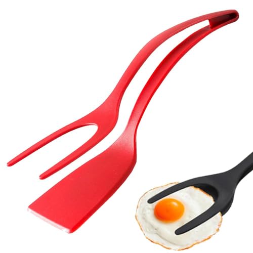 PKKP 2 in 1 Spatel und Zange, Antihaft Flipper Silikon Eierspatel, Spiegeleier Flipper Spatel, Pfannenwender Zange Zum Wenden von Eiern Burgern Steak Pfannkuchen Pizza und mehr (Rot) von PKKP