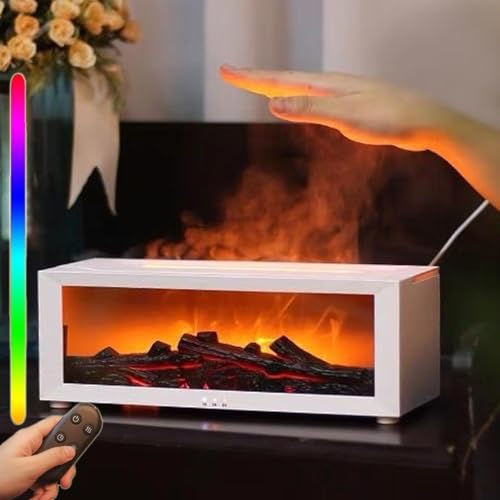 PKKP Aroma Diffuser Kamin, Flammen Aroma Diffuser, 150ML LED Kamin Bonfire Diffuser mit 7 Farben Licht und Timer, Fireplace Diffuser mit Fernbedienung, DuftöL Diffuser für Zuhause Büro (Weiß) von PKKP
