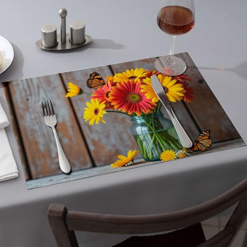 Moderne Bauernhaus-Dekoration, Blumen in einer Glasvase mit Schmetterlingen. Esszimmer-Tischsets, hitzebeständige Matten für Arbeitsplatte, Frühlings-Tischset (1 Stück) von PKRD