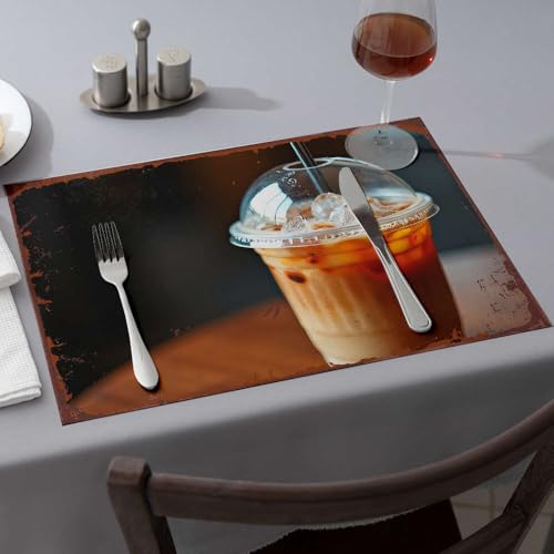 Moderne Bauernhaus-Dekoration, Eiskaffee mit Milch in einem Kunststoffbecher. Esszimmer-Tischsets, hitzebeständige Matten für Arbeitsplatte, Frühlings-Tischset (1 Stück) von PKRD