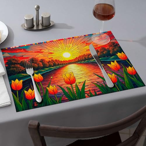 Moderne Bauernhaus-Dekoration, Sonnenuntergang über einem Fluss mit lebendigen Tulpen im Vordergrund, hitzebeständige Tischsets für die Arbeitsplatte, Frühlings-Tischset (1 Stück) von PKRD