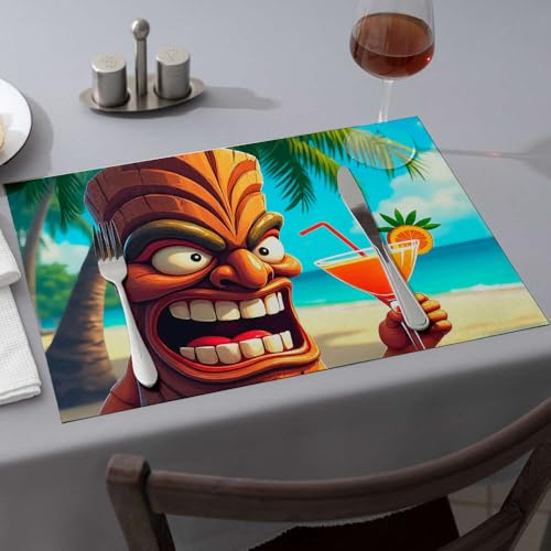 Moderne Bauernhaus-Dekoration, Tiki-Statue, die einen tropischen Cocktail am Strand genießt. Esszimmer-Tischsets, hitzebeständige Matten für Arbeitsplatte, Frühlings-Tischset (1 Stück) von PKRD