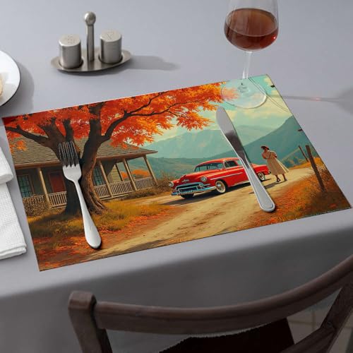 Moderne Bauernhaus-Dekoration, Vintage-Auto, geparkt unter Herbstbaum in der Nähe des Hauses, hitzebeständige Matten für Arbeitsplatte, Frühlings-Tischset (1 Stück) von PKRD