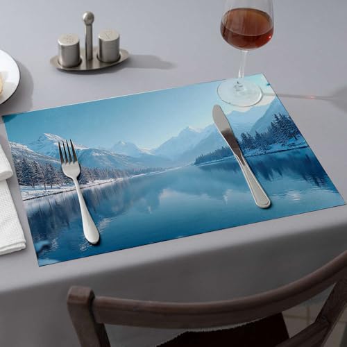 Moderne Bauernhaus-Dekoration, schneebedeckte Berge, reflektieren sich in einem ruhigen See. Esszimmer-Tischsets, hitzebeständige Matten für Arbeitsplatte, Frühlings-Tischset (1 Stück) von PKRD