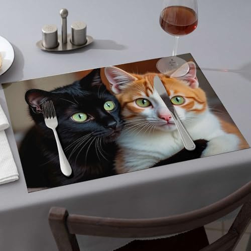 Moderne Bauernhaus-Dekoration, zwei Katzen, Schwarz und Orange, teilen Sie einen Moment der Begleitung. Esszimmer-Tischsets, hitzebeständige Matten für Arbeitsplatte, Frühlings-Tischset (1 Stück) von PKRD