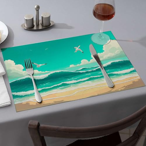 Sommer-Tischläufer, Möwen, die über stürzende Ozeanwellen fliegen, Esstischsets, Western-Tischdecke, rosa Tischsets (6 Stück) von PKRD