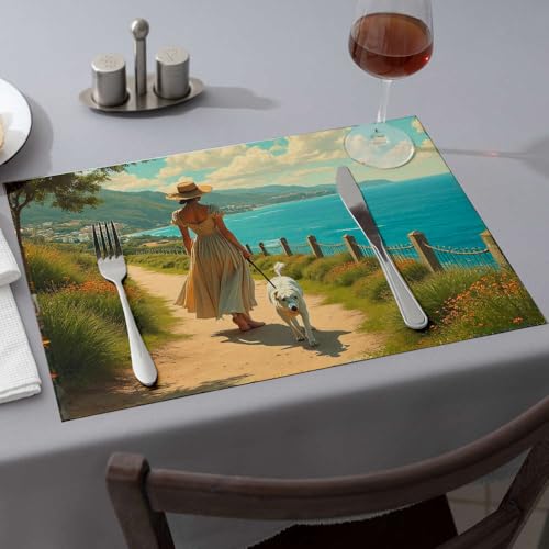 Sommer-Tischläufer, Motiv: Frau mit ihrem Hund am Meer spazieren geht Esszimmer-Tischsets, Western-Tischdecke, rosa Tischsets (1 Stück) von PKRD