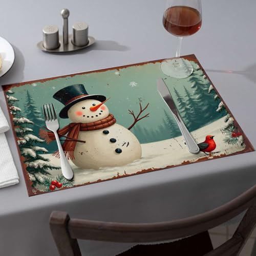Sommer-Tischläufer, Schneemann in Zylinderhut mit rotem Vogel, Esstischsets, Western-Tischdecke, rosa Tischsets (4 Stück) von PKRD