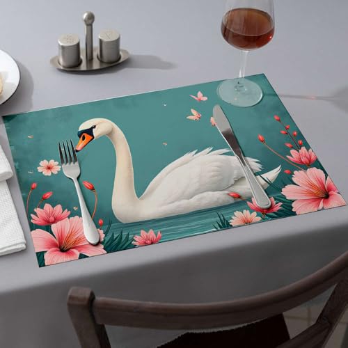 Sommer-Tischläufer, ein Schwan, umgeben von rosa Blumen und Schmetterlingen, Esstischsets, Western-Tischdecke, rosa Tischsets (4 Stück) von PKRD