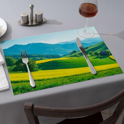 Sommer-Tischläufer, malerische Landschaft mit rollenden grünen Hügeln, leuchtend gelbe Felder, Esstischsets, Western-Tischdecke, rosa Tischsets (1 Stück) von PKRD