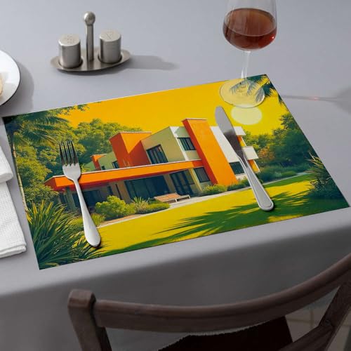 Sommer-Tischläufer, modernes Haus mit lebendigen Farben und üppigem Grün. Esszimmer-Tischsets, Western-Tischdecke, rosa Tischsets (6 Stück) von PKRD