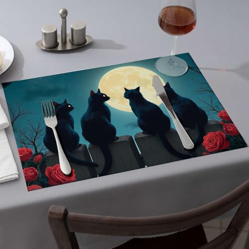 Sommer-Tischläufer, vier schwarze Katzen, sitzen auf einem Zaun, schauen auf einen Vollmond, Esstischsets, Western-Tischdecke, rosa Tischsets (4 Stück) von PKRD