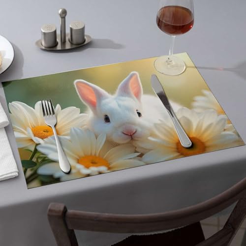 Sommer-Tischläufer, weißes Kaninchen umgeben von Gänseblümchen, Esstischsets, Western-Tischdecke, rosa Tischsets (4 Stück) von PKRD