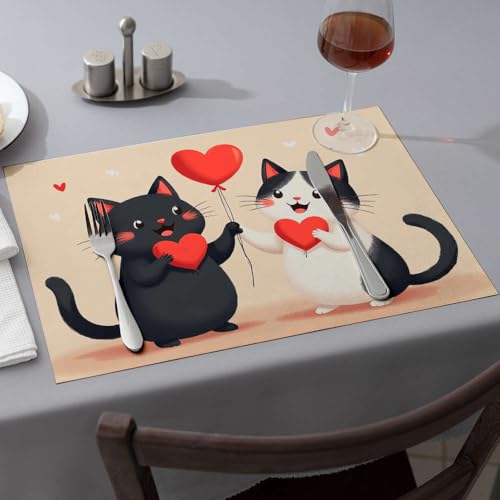 Sommer-Tischläufer, zwei Katzen, die rote Herzen halten, Esszimmer-Tischsets, Western-Tischdecke, rosa Tischsets (6 Stück) von PKRD
