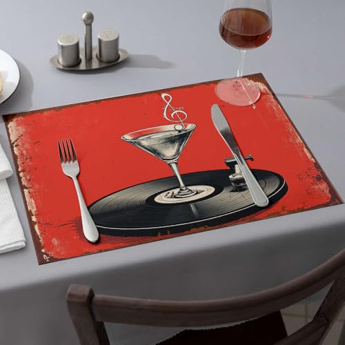 Tischläufer, Vinyl-Schallplatte mit Cocktailglas und Musiknote. Esstischsets, Küche und Esszimmer, Western-Tischdecke (6 Stück) von PKRD