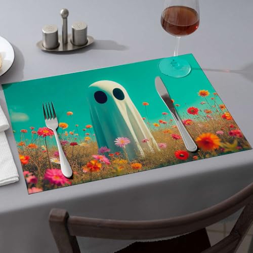 Tischläufer, eine geisterhafte Figur steht inmitten eines lebendigen Feldes bunter Blumen. Esstischsets, Küche und Esszimmer, Western-Tischdecke (4 Stück) von PKRD