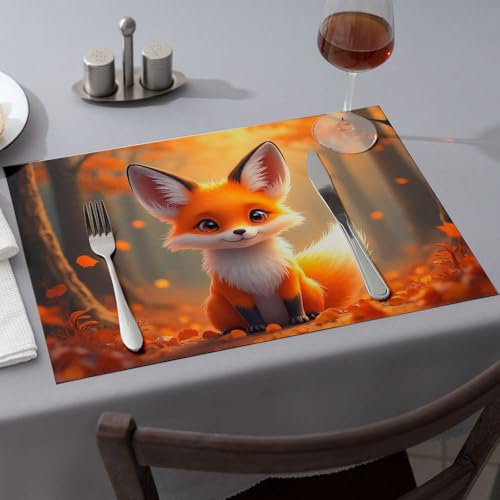 Tischläufer, süßer Fuchs, der in einem Herbstwald sitzt, Esstischsets, Küche und Esszimmer, Western-Tischdecke (6 Stück) von PKRD