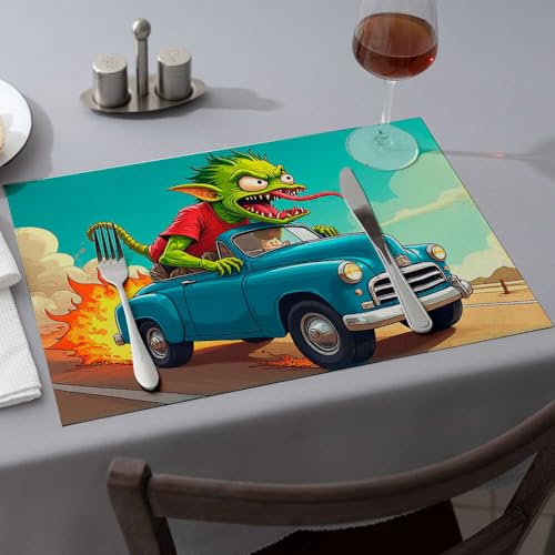 Tischläufer "A Green Monster Drives A Blue Car With Flames behind It", Esstischsets, Küche und Esszimmer, Western-Tischdecke (4 Stück) von PKRD