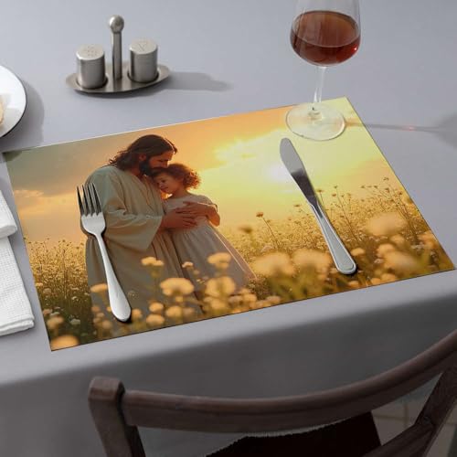 Tischläufer "A Man In White Robes Embraces A Child In A Field Of Flowers During Sunset" Dining Placemats Kitchen And Dining Western Table Cloth(4PCS) von PKRD