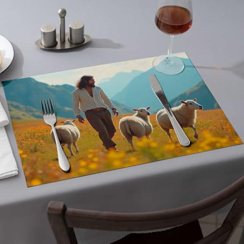 Tischläufer "A Man Walks With Three Sheep In A Mountainous Field", Esstischsets, Küche und Esszimmer, Western-Tischdecke (1 Stück) von PKRD