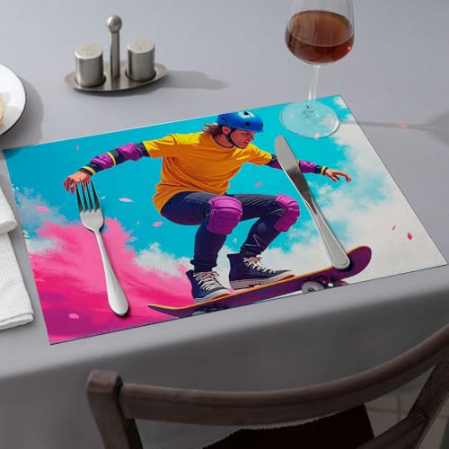 Tischläufer "A Skateboarder in Vibrant Gear Soars Through The Air". Esstischsets, Küche und Esszimmer, Western-Tischdecke (4 Stück) von PKRD