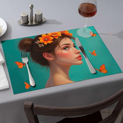 Tischläufer "A Woman With Orange Flowers In Her Hair", umgeben von Schmetterlingen, Esstischsets, Küche und Esszimmer, Western-Tischdecke (6 Stück) von PKRD