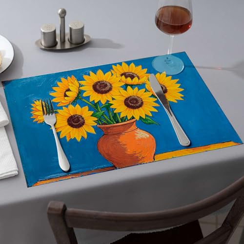 Tischläufer Sonnenblumen in einem Tontopf vor blauem Hintergrund. Esszimmer-Tischsets, Küche und Esszimmer, Western-Tischdecke (6 Stück) von PKRD