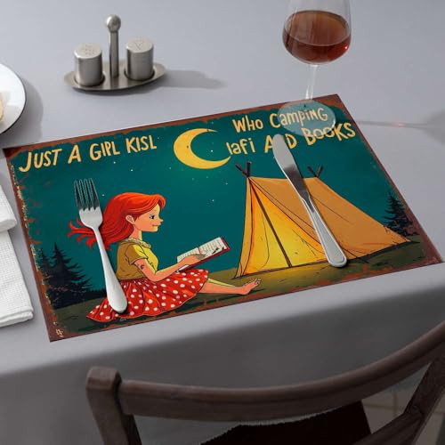Tischläufer für Mädchen, Camping, Lesen unter Mondschein. Esszimmer-Tischsets, Küche und Esszimmer, Western-Tischdecke (6 Stück) von PKRD