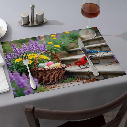 Tischläufer mit Ostereiern und Blumen im Hintergrund. Esszimmer-Tischsets für Küche und Esszimmer, Western-Tischdecke (4 Stück) von PKRD