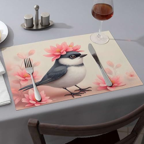 Tischläufer mit Vogel und rosa Blumen auf dem Kopf. Esszimmer-Tischsets für Küche und Esszimmer, Western-Tischdecke (6 Stück) von PKRD