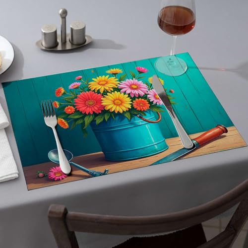 Tischläufer mit einem lebendigen Blumenstrauß aus bunten Blumen in einem blauen Eimer. Esstischsets, Küche und Esszimmer, Western-Tischdecke (6 Stück) von PKRD